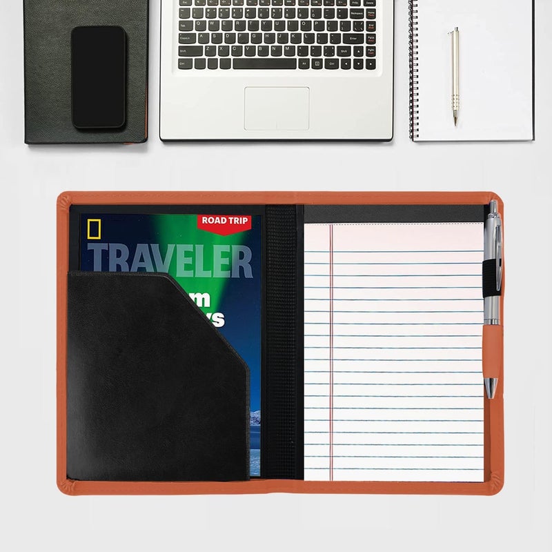 Konper Classic Padfolio/Junior Portfolio Folder Case, Business A5 Binder Organizer Notepad for Men Women, 5 x 8 Writing Pad Included, Orange - Image 4